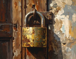 Oil painting style of an old padlock on aged, textured wood and peeling plaster