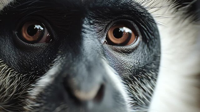 Close-up of a striking black and white colobus monkey face