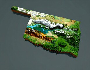 Oklahoma state map 3D rendering, featuring mountains, forests, and lakes on a gray background