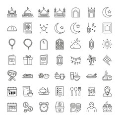 Fototapeta premium Collection of Islamic icons and symbols representing various religious and cultural elements in a simple line art style