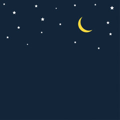 A serene night sky with a yellow crescent moon surrounded by stars