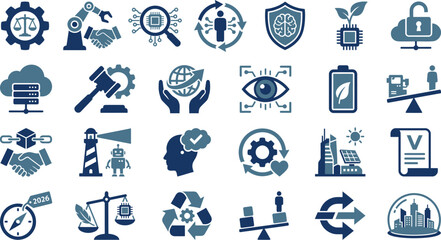 Ethical automation and responsible innovation icons representing technology and industry concepts in a modern digital illustration