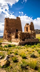 Old brown adobe building ruins sit in a grassy landscape under a partly cloudy sky