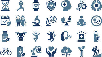 Collection of blue icons representing health, wellness, and technology concepts in a grid layout from a direct viewpoint © NeoVector