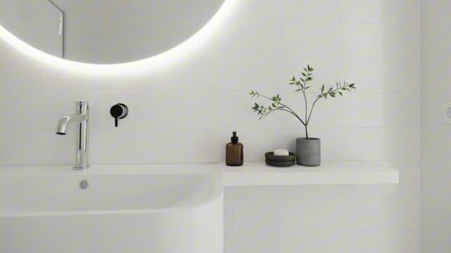 Bathroom scene features a sleek sink a shelf holding decorative items and a round lit mirror
