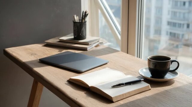minimalist laptop desk with cup of espresso and open notebook, warm natural light