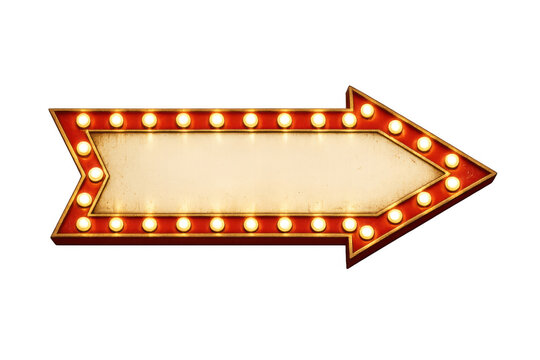 Vintage arrow shaped marquee sign with glowing light bulbs pointing right, retro cinema event blank signboard, transparent background