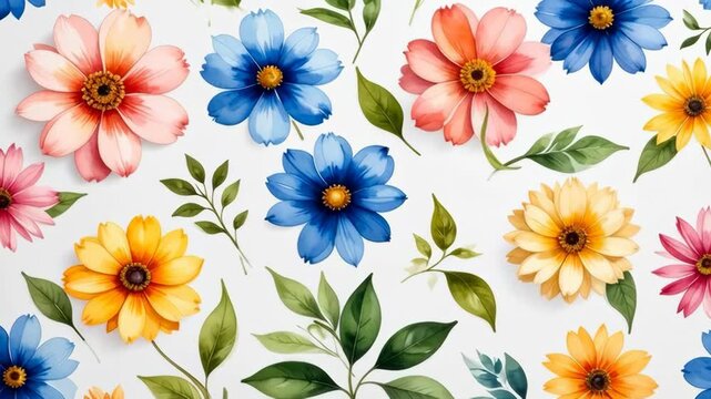 Colorful floral pattern with daisy-like flowers and green leaves on white background