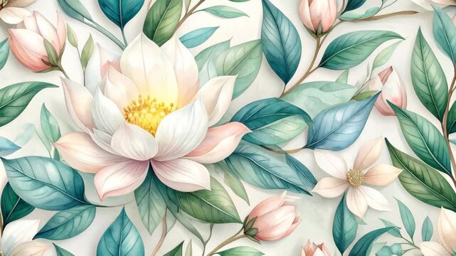 Delicate watercolor floral pattern with pale pink magnolia blossoms and teal leaves