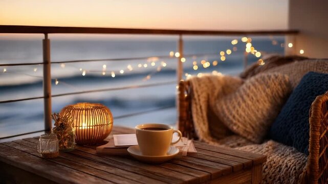 seaside caf&eacute; with bohemian chairs and light curtains blowing in wind, peaceful sunny vibe