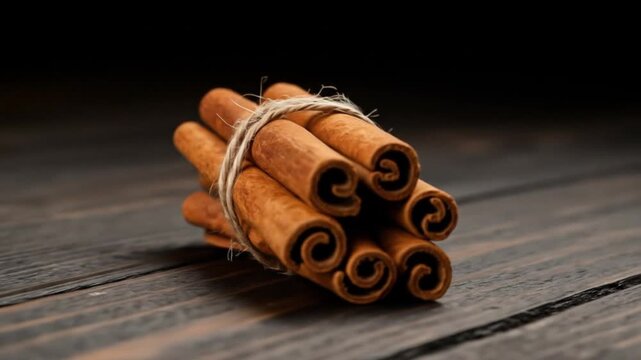 Cinnamon sticks tied together on a wood surface