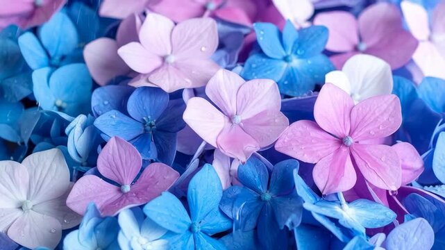 Close-up of blooming hydrangea flowers in shades of blue and pink with water droplets