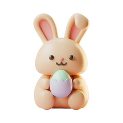 Obraz premium Cute 3D rendered beige bunny figurine sweetly clutching a pastel purple and green cracked Easter egg against a pure white background for holiday celebration.