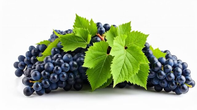 Dark blue grapes with green leaves against a white background