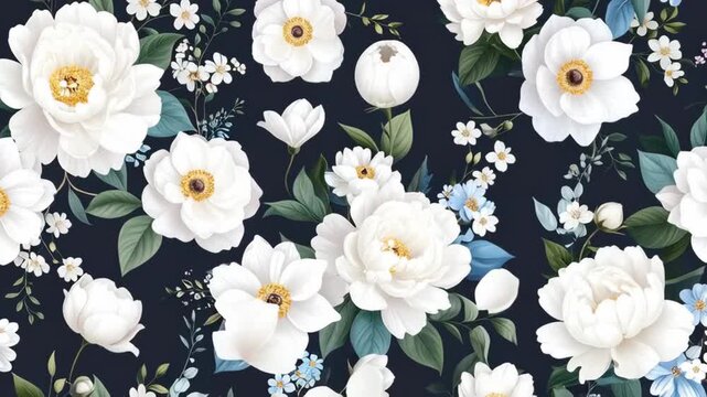 Elegant seamless pattern of large white peonies and small blue flowers on dark background