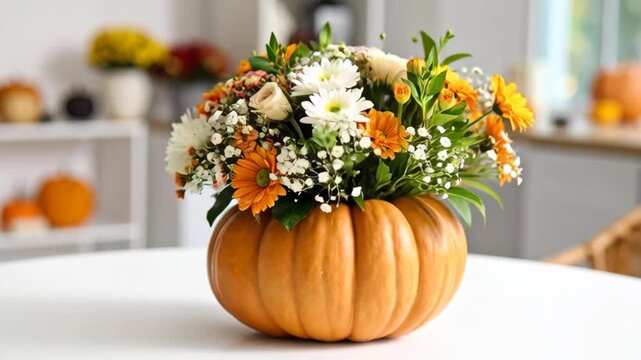 Decorative floral arrangement featuring orange daisies and white flowers in a hollowed pumpkin centerpiece