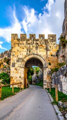 Old stone gate with crenellated top, leading onto a road under a partly cloudy sky