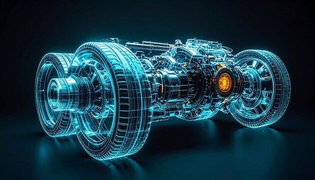 Futuristic transparent mechanical drivetrain visualization glowing blue representing advanced automotive technology