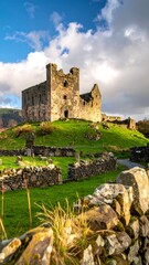 Old stone ruin on a grassy hill under a bright blue sky with fluffy clouds