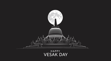 Happy Vesak Day illustration, Borobudur temple silhouette with detailed stupas, large full moon rising behind the temple, night sky atmosphere, spiritual and peaceful mood, monochrome grayscale color  © Azrha