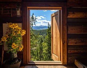 Open door in a wood cabin frames green forest trees and distant mountain vista