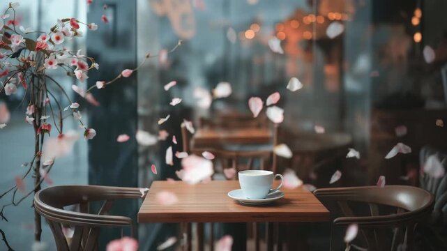 caf&eacute; reflection in glass window with falling cherry petals, soft dreamy tone
