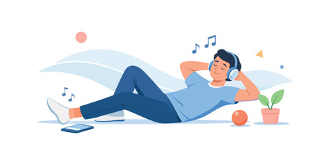 Fototapeta premium Relaxed man enjoying music with headphones and smartphone indoors