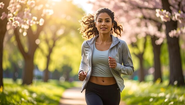 Athletic woman jogging outdoors in green park during springtime enjoying healthy active lifestyle