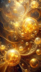Opulent swirls of gold and amber orbs fill a vertically-oriented, abstract, and luminous scene