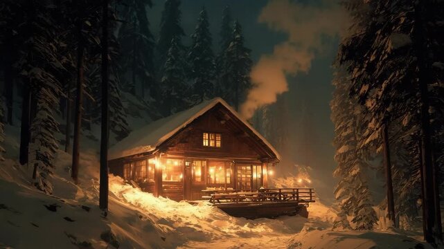 cozy cabin caf&eacute; deep in snow forest, warm yellow light and smoke rising into cold night