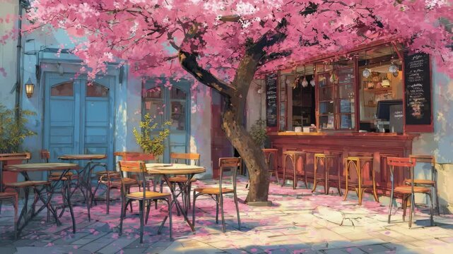 cozy Japanese caf&eacute; in spring garden, wooden architecture and pastel sky background