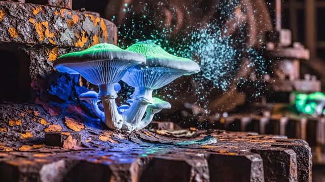Glowing Mushrooms on Rusty Industrial Gears, Bioluminescent Fungi Fantasy Art