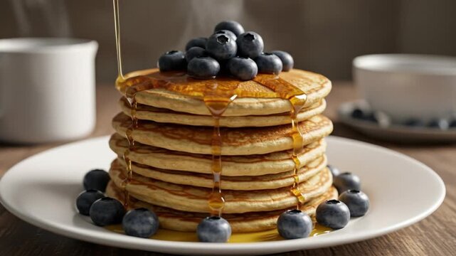 Tall stack of pancakes topped with blueberries  syrup on a plate with white mugs nearby
