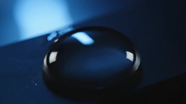 A microscopic view of a water droplet on a dark surface with blue light reflection in a scientific environment