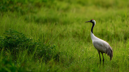 Fototapeta premium White crane in green grass