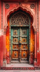 Ornate, arched door in red and orange wall, accented with carvings and weathered patina