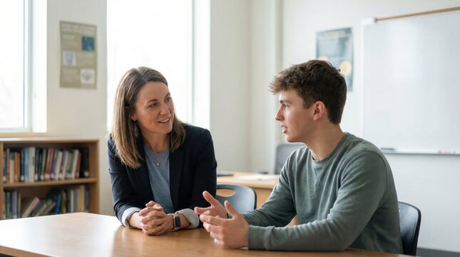 Supportive female teacher listening attentively to teenage student discussing future career plans during one-on-one mentoring session in bright modern high school classroom