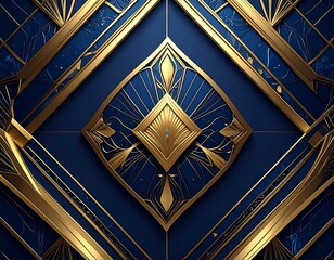 Ornate art deco pattern of gold lines on a deep blue background, symmetrically arranged