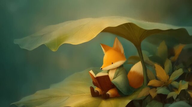digital illustration of a little fox reading a book under a large leaf while rain falls softly, warm painterly style