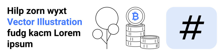 Obraz premium Bitcoin coin stack, metadata tag symbol inside a square, floating balloons, and placeholder text. Ideal for cryptocurrency, marketing, social media, fintech, blockchain economy simple landing page