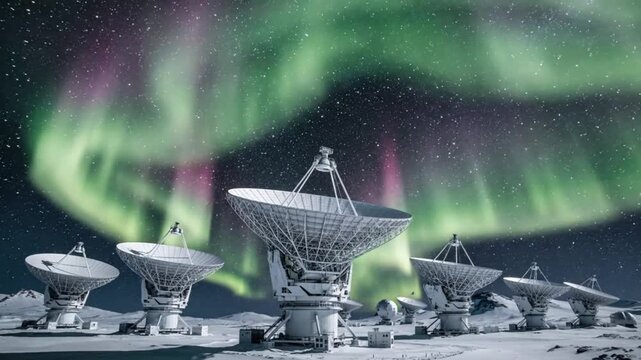 Radio Telescopes Under Aurora Borealis Sky, Astronomy, Science, Space Exploration