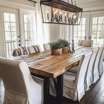 Rustic reclaimed wood table with white chairs in bright dining room, featuring large windows and stylish chandelier. space feels warm and welcoming, perfect for gatherings