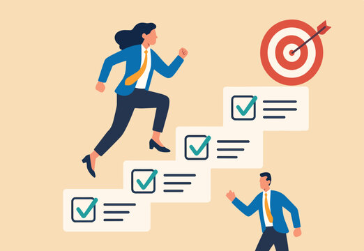  Personal development plan for career success, build specialist skill or competence to motivate and achieve business target concept, smart businesswoman walk up checklist as staircase to achieve targe