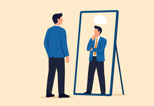 Self awareness, aware of different aspect of self, behaviors and feelings, psychology state of oneself becomes focus of attention, businessman found himself from mirror thinking about self awareness.