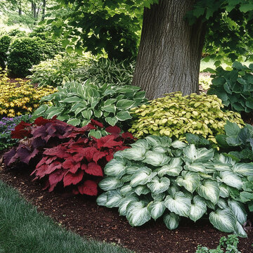 Lush garden featuring variety of colorful foliage plants, including hostas and heucheras, creating vibrant landscape around tree trunk