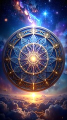 Ornate blue mandala floats above clouds, glowing in starlight, sunrise in background