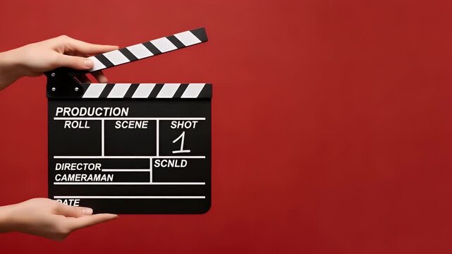 A movie clapperboard held by hands against a red background, symbolizing film production and cinematic creation