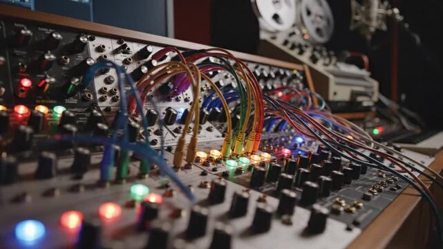 Electronic Music Modular Synthesizer Setup with Patch Cables and Lights