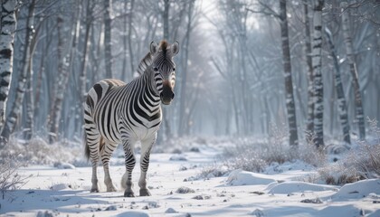 Fototapeta premium A zebra's white fur stands out against a snowy backdrop as it walks through a frozen forest, zebra, snow, winter