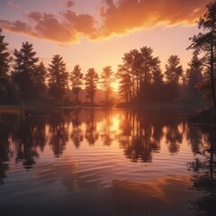 Obraz premium beautiful sunset over lake with silhouetted trees and calm water , serene, calm, sunset